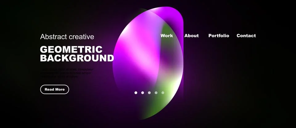 Dark background features vibrant abstract shapes, text elements, navigation.. Illustrazione stock