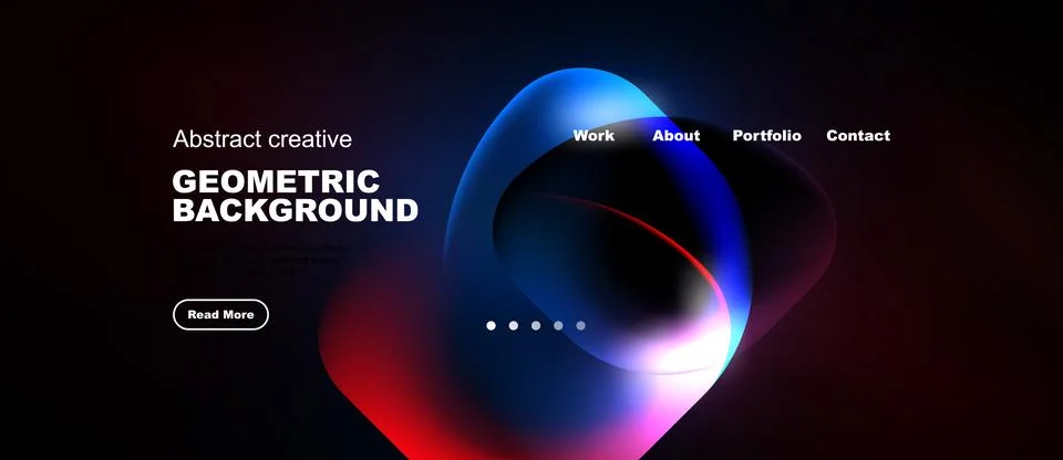 Dark background features vibrant abstract shapes, text elements, navigation.. Illustrazione stock
