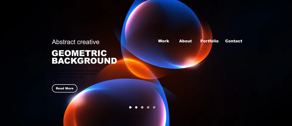 Dark background features vibrant abstract shapes. Website header includes Illustrazione stock