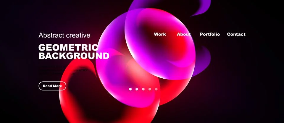 Dark background features vibrant abstract shapes, text elements, navigation.. Stock Illustration