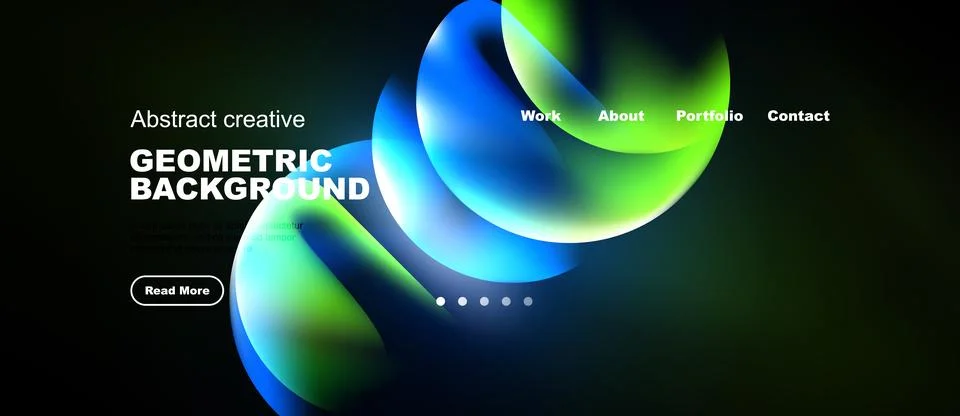 Dark background features vibrant abstract shapes, text elements, navigation Stock Illustration