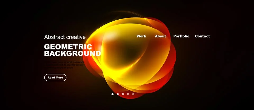 Dark background features vibrant abstract shapes, text elements, navigation.. Illustrazione stock