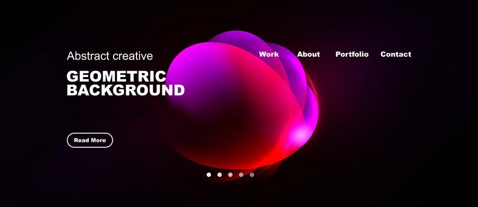 Dark background features vibrant abstract shapes, text elements, navigation Illustrazione stock