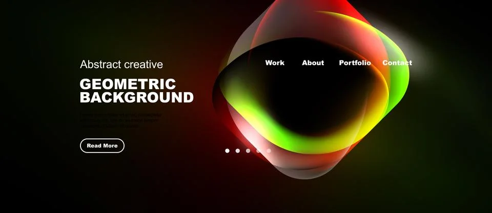 Dark background features vibrant abstract shapes, text elements, navigation Stock Illustration