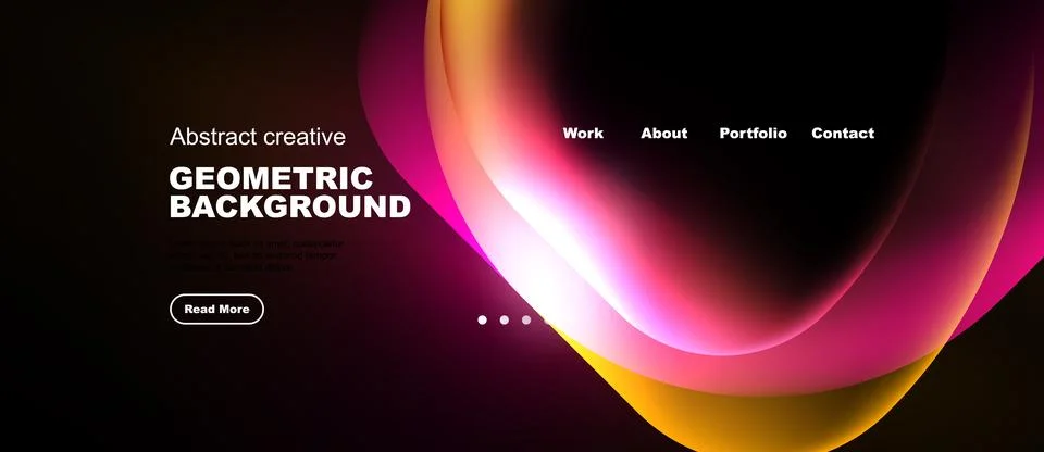 Dark background features vibrant abstract shapes, text elements, navigation Illustrazione stock