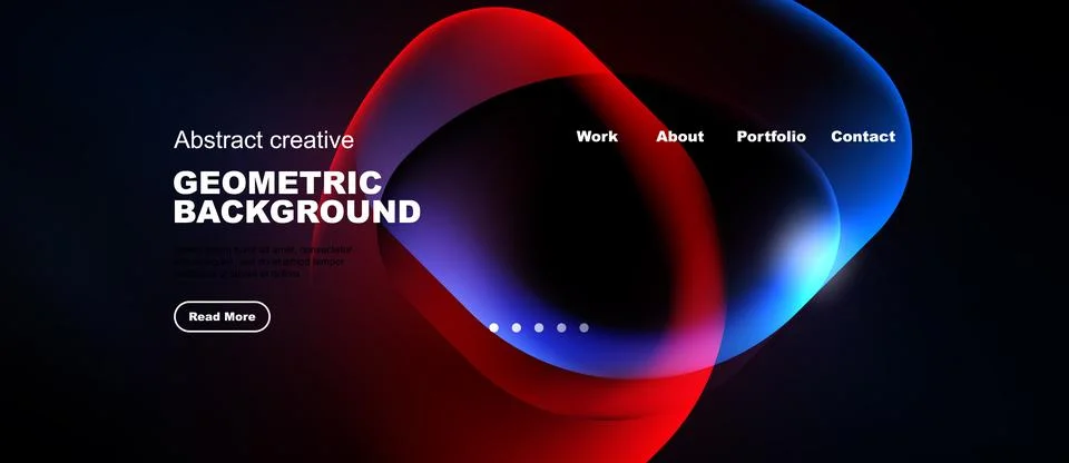 Dark background features vibrant abstract shapes. Text elements include work, Stock Illustration