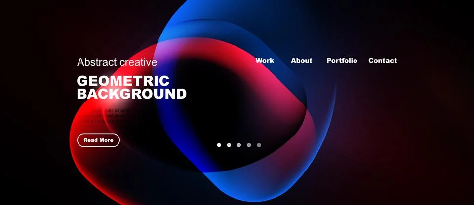 Dark background features vibrant abstract shapes, text elements, navigation.. Stock Illustration