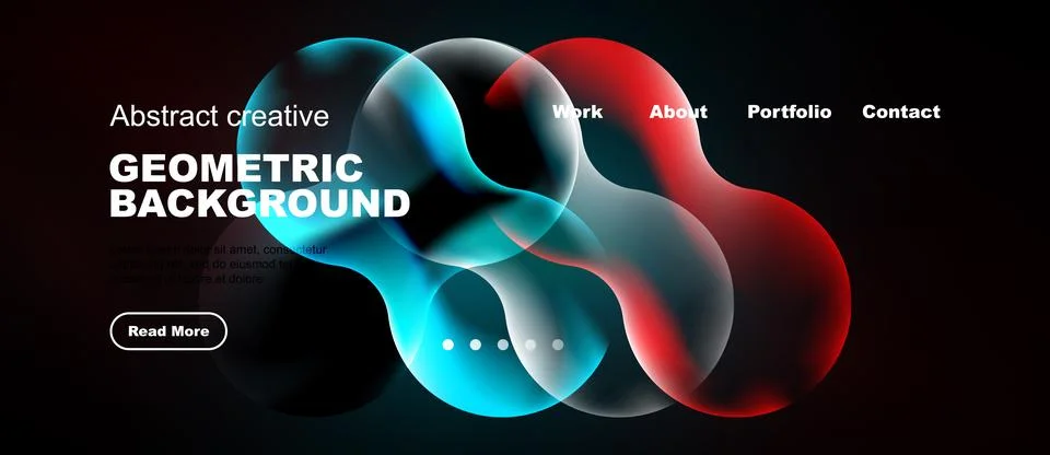 Dark background features vibrant abstract shapes, text overlay, navigation .. Stockillustratie