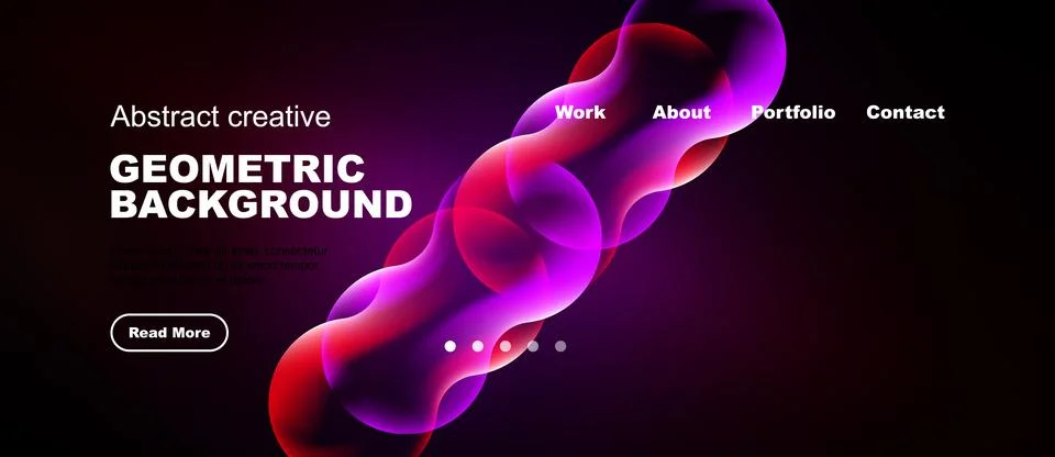 Dark background features vibrant abstract shapes, text elements, navigation.. Stock Illustration
