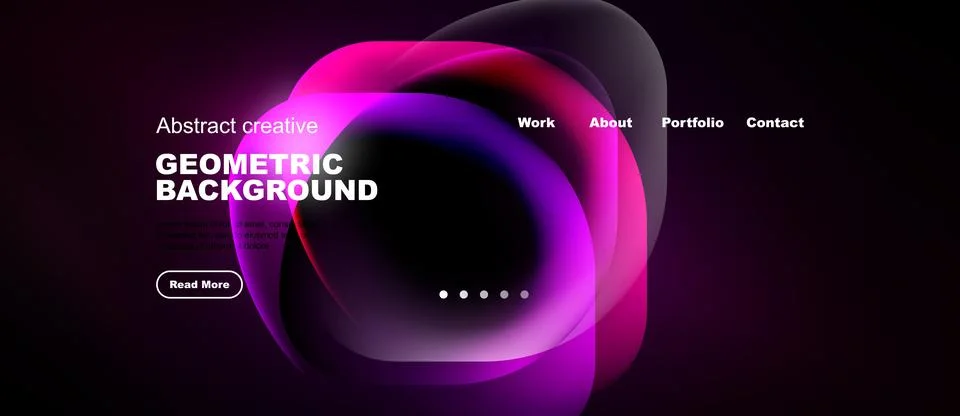 Dark background features vibrant abstract shapes, text elements, navigation.. Stock Illustration