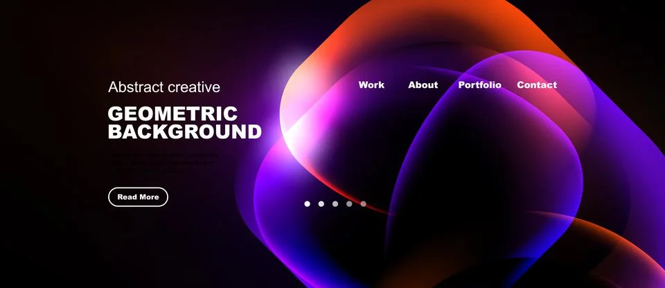 Dark background features vibrant abstract shapes, text elements, navigation.. Stock Illustration