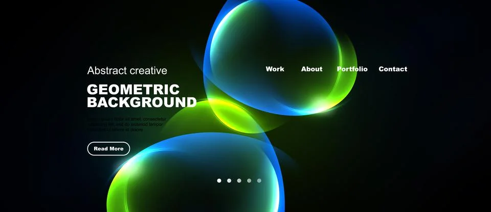 Dark background features vibrant abstract shapes, text elements, navigation.. Stock Illustration