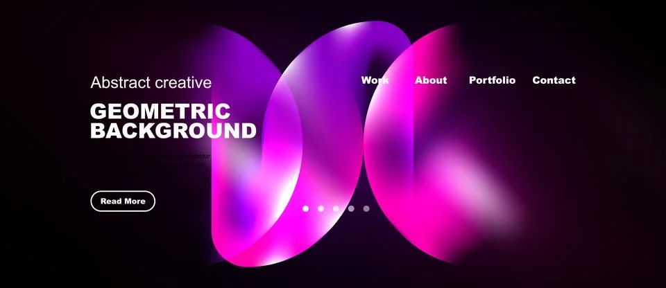 Dark background features vibrant abstract shapes, text elements, navigation.. Stock Illustration