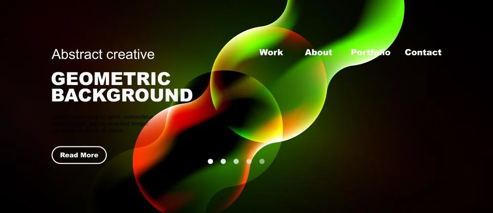 Dark background features vibrant abstract shapes, text elements, navigation.. 库存插图