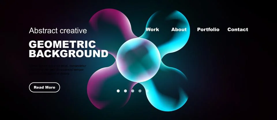 Dark background features vibrant abstract shapes, text elements, navigation.. Stock Illustration