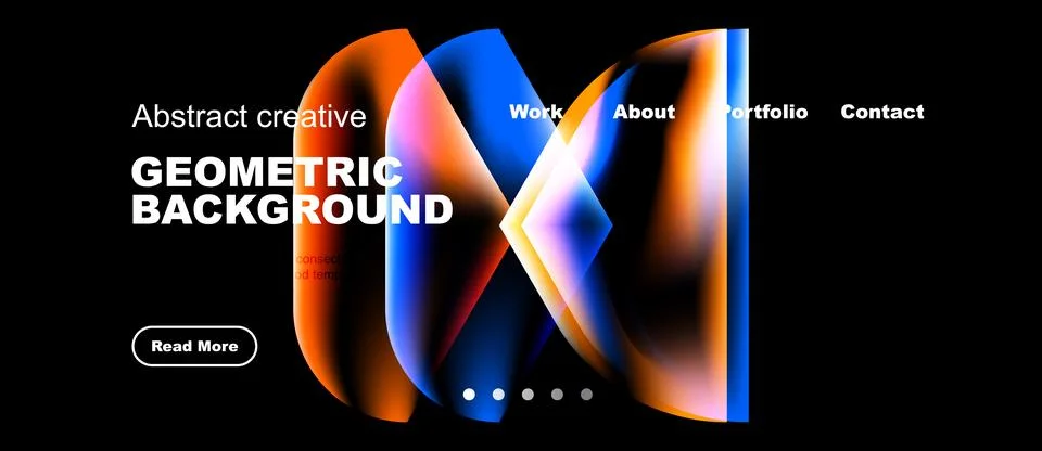 Dark background features vibrant abstract shapes, text elements, navigation Stock Illustration