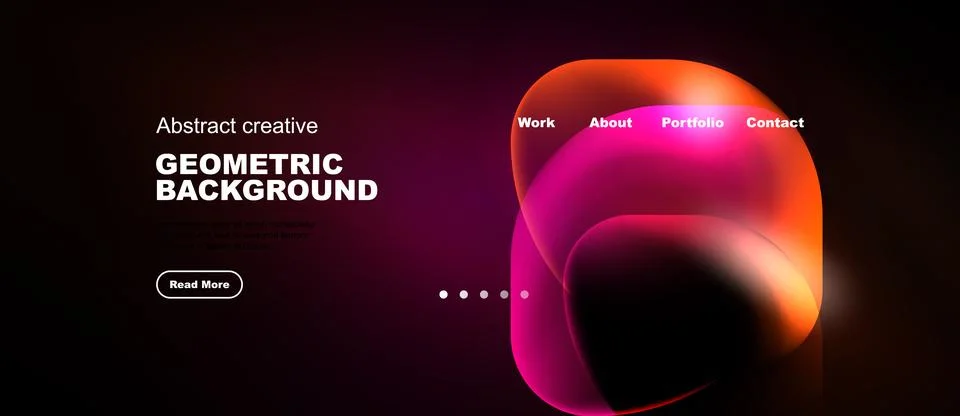 Dark background features vibrant abstract shapes, text elements, navigation.. Stock Illustration