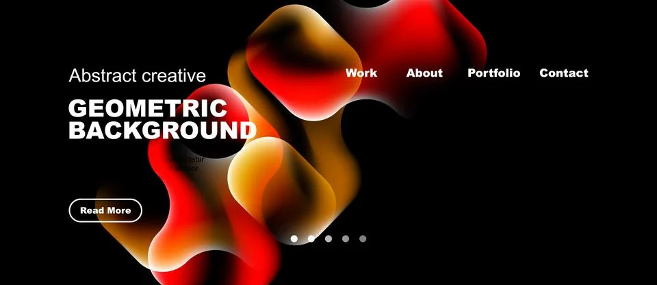 Dark background features vibrant abstract shapes, text elements, navigation.. Stock Illustration