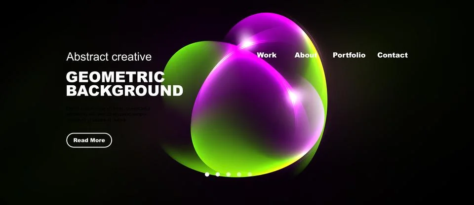 Dark background features vibrant abstract shapes, text elements, navigation.. Stock Illustration