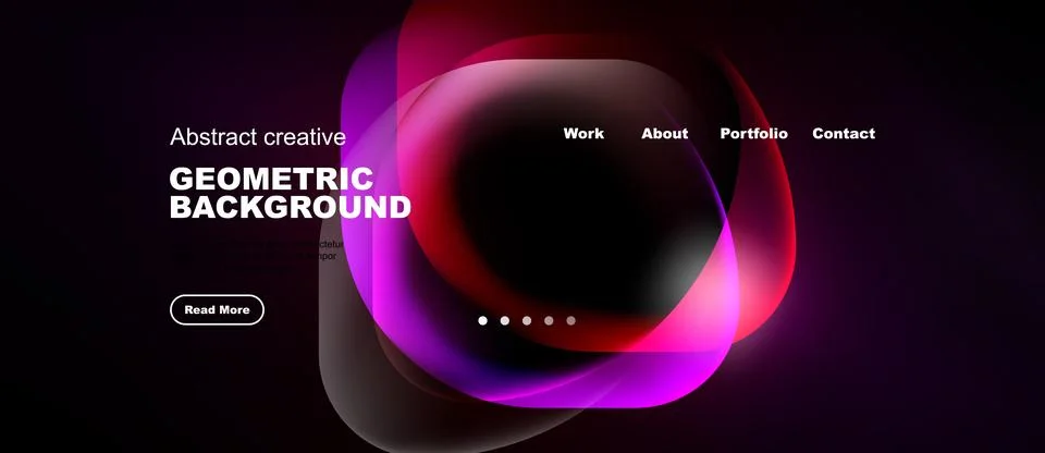 Dark background features vibrant abstract shapes. Website navigation includes 스톡 일러스트