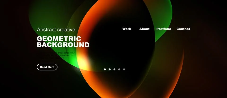 Dark background features vibrant abstract shapes, text elements, navigation Stock Illustration