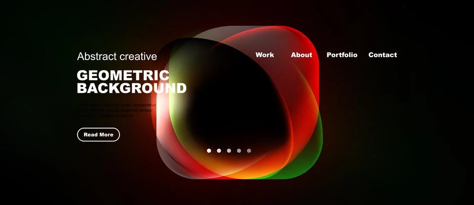 Dark background features vibrant abstract shapes, text elements, navigation.. Stock Illustration