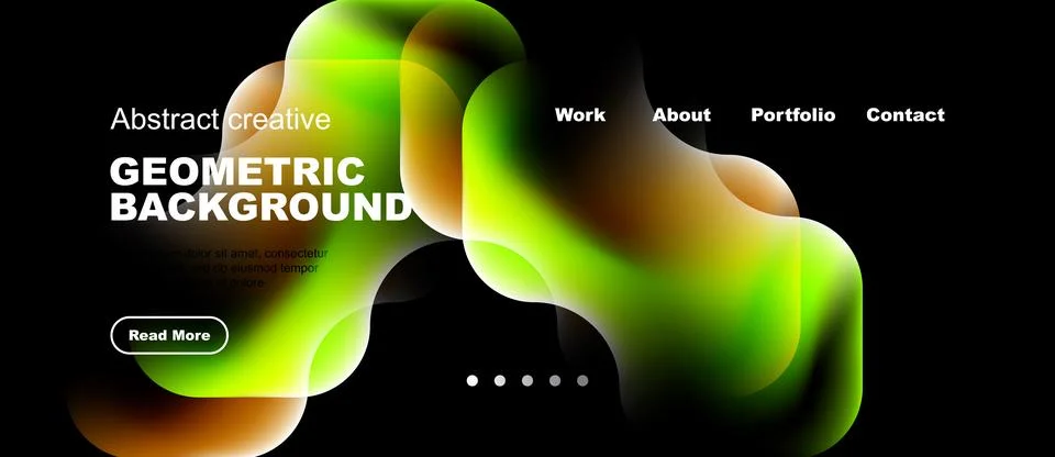 Dark background features vibrant abstract shapes, text elements, navigation.. Stock Illustration