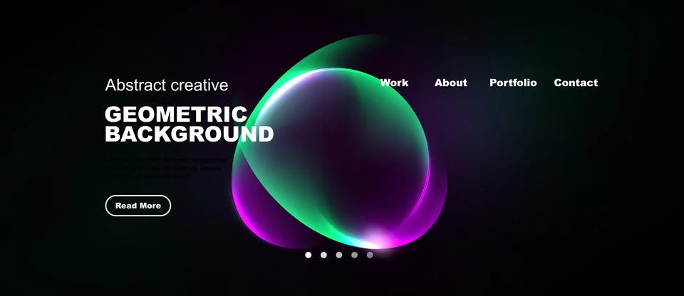 Dark background features vibrant abstract shapes, text elements, navigation.. Stock Illustration