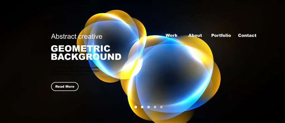 Dark background features vibrant abstract shapes, text elements, navigation.. Stock Illustration