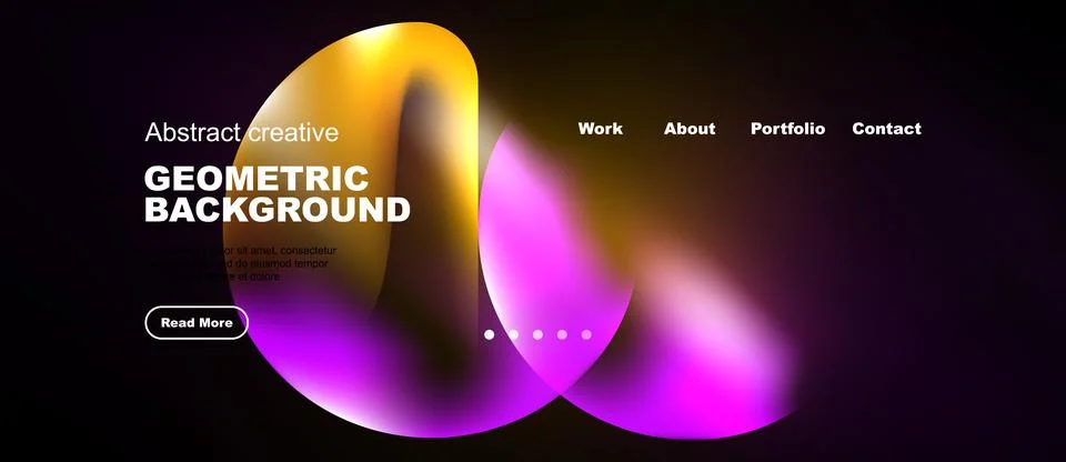 Dark background features vibrant abstract shapes, text elements, navigation.. Stock Illustration