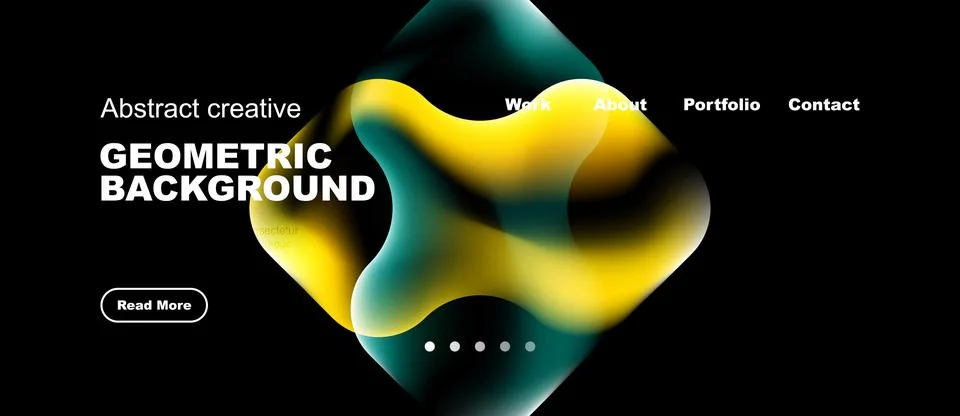 Dark background features vibrant abstract shapes, text elements, navigation.. Stock Illustration