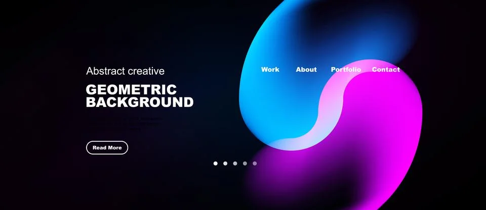 Dark background features vibrant abstract shapes, text elements, navigation.. Stock Illustration