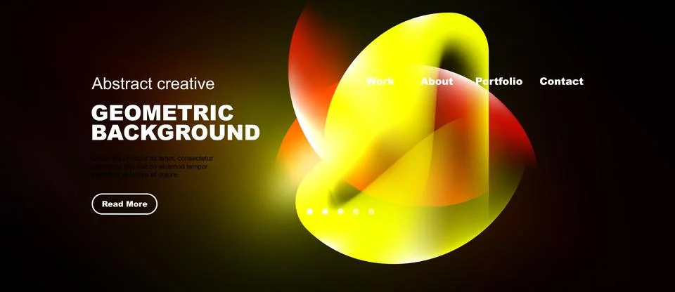 Dark background features vibrant abstract shapes, text elements, navigation.. Stock Illustration