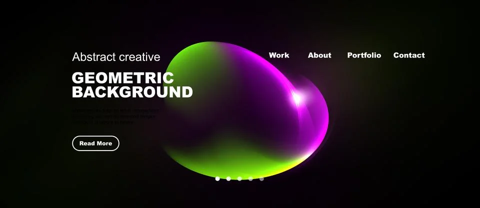 Dark background features vibrant abstract shapes, text elements, navigation.. Stock Illustration