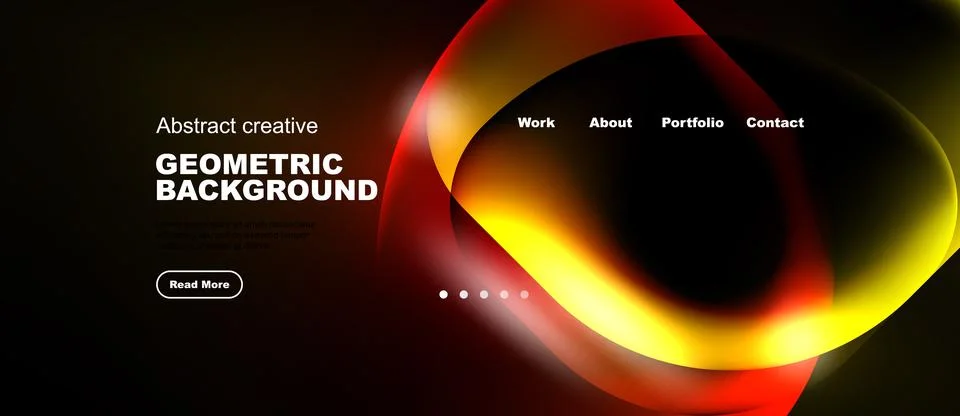 Dark background features vibrant abstract shapes, text elements, navigation Stock Illustration