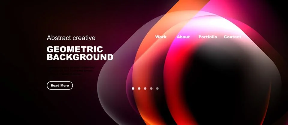 Dark background features vibrant abstract shapes, text, navigation menu. Desi Stock Illustration