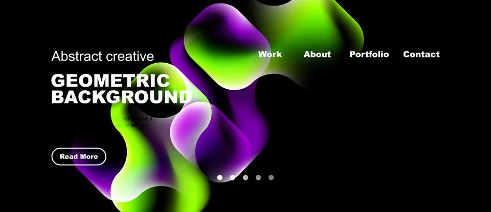 Dark background features vibrant abstract shapes, text elements, navigation.. Stock Illustration