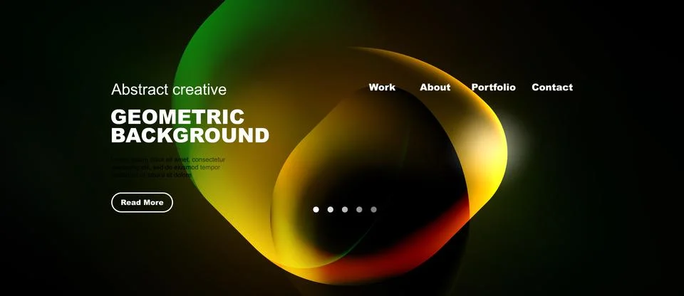 Dark background features vibrant abstract shapes, text elements, navigation.. Stock Illustration