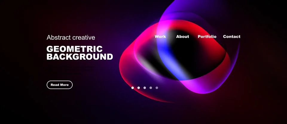 Dark background features vibrant abstract shapes, text elements, navigation.. Stock Illustration