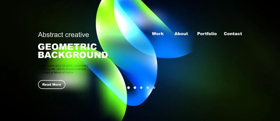 Dark background features vibrant abstract shapes. Website header includes Stock Illustration
