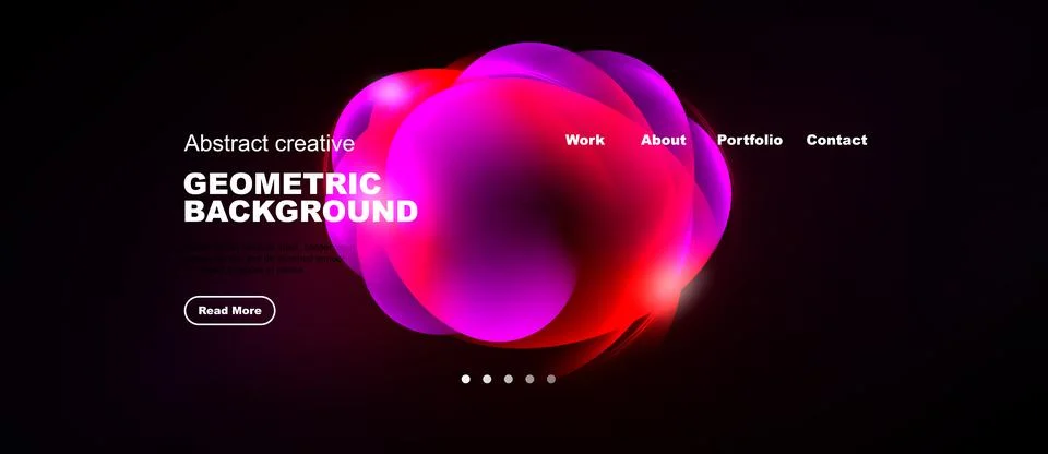 Dark background features vibrant abstract shapes, text elements, navigation.. Stock Illustration