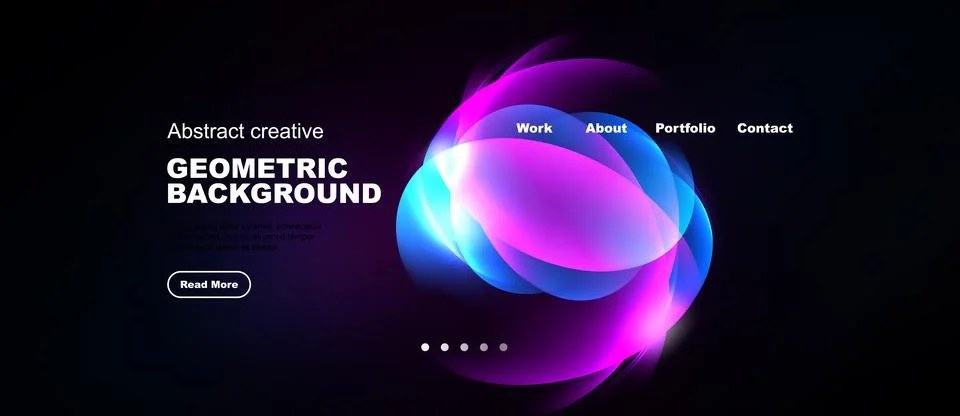 Dark background features vibrant abstract shapes. Text includes geometric Illustrazione stock