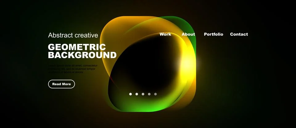 Dark background features vibrant abstract shapes, text elements, navigation.. Stock Illustration