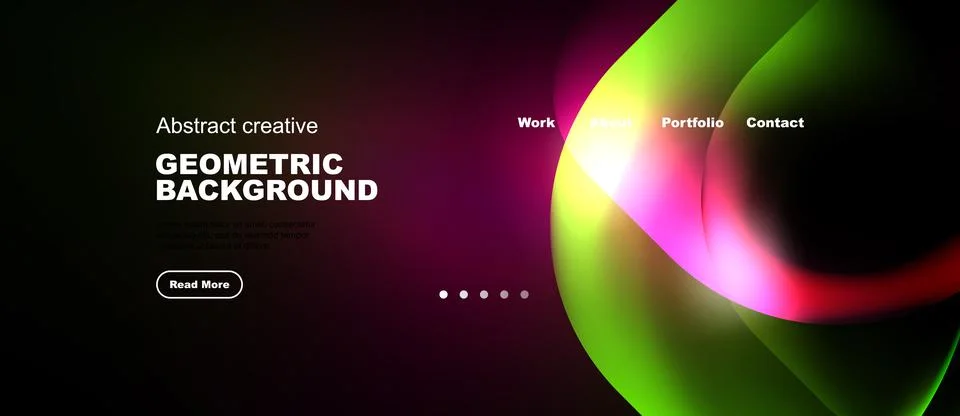 Dark background features vibrant abstract shapes, text elements, navigation.. Stock Illustration