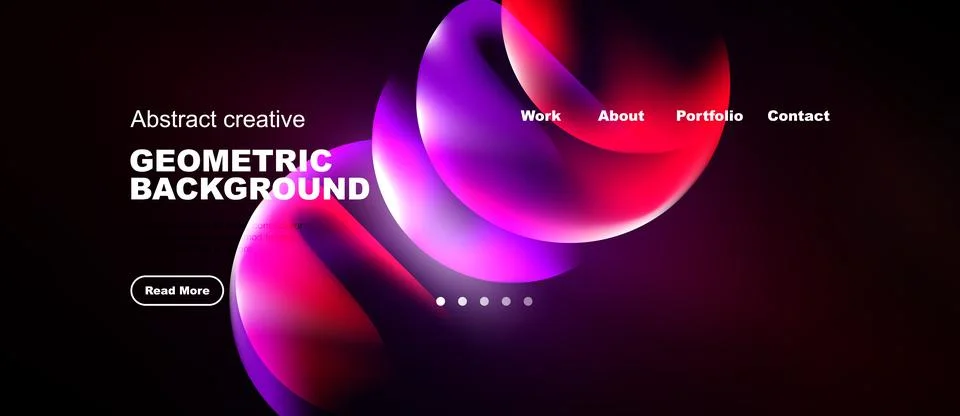 Dark background features vibrant abstract shapes, text elements, navigation.. Stock Illustration