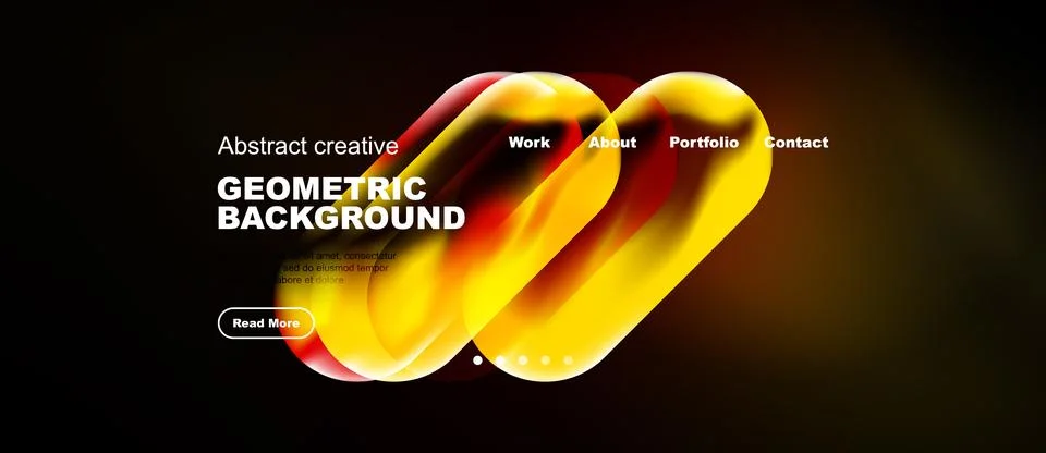 Dark background features vibrant abstract shapes, text elements, navigation.. Stock Illustration