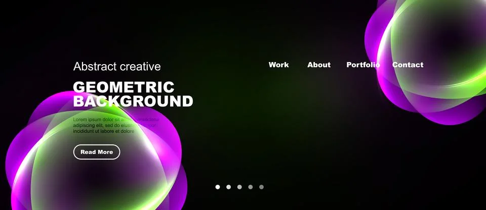 Dark background features vibrant abstract shapes, text elements, navigation.. Stock Illustration