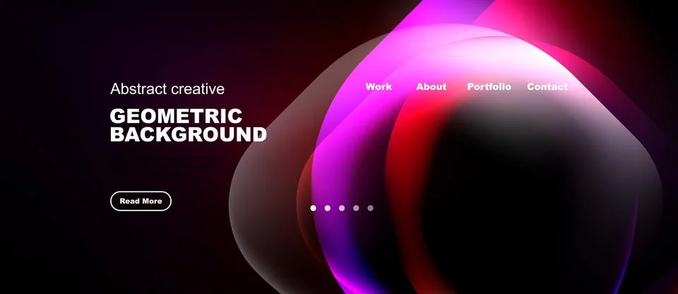 Dark background features vibrant abstract shapes, text elements, navigation Stock Illustration