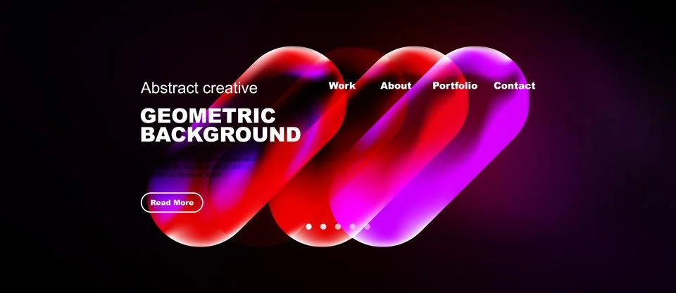 Dark background features vibrant abstract shapes, text elements, navigation.. Stock Illustration