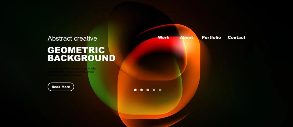 Dark background features vibrant abstract shapes. Website header includes Ilustração Stock